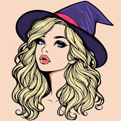 realistic witch girl with wavy hair and lips