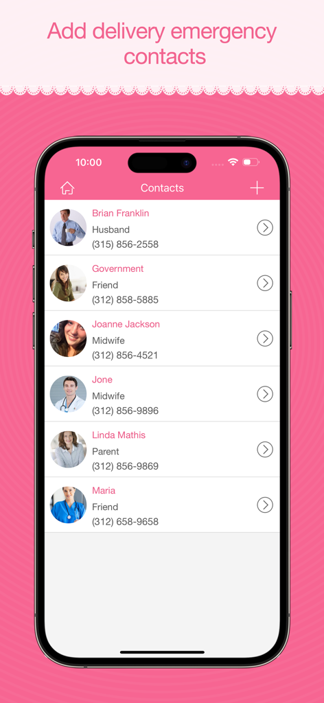 Contraction Monitor - Emergency contacts list in the Contraction Monitor app for labor and delivery