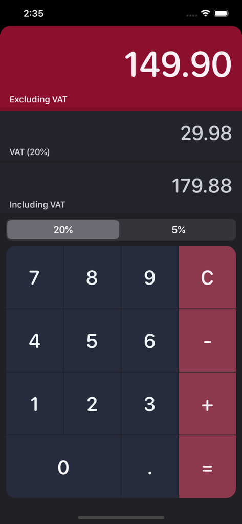 User interface of the UK VAT Calculator app in dark mode displaying a calculation with a 20 percent tax rate