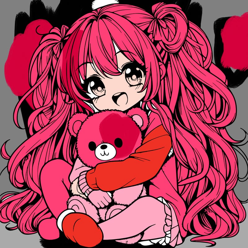 manga girl, long curly hair, happy, cuddling a teddy bear
