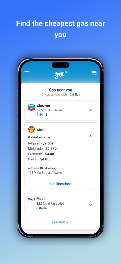 Auto Club App - Ein mobiler Bildschirm der Auto Club App, der lokale Tankstellen mit ihren aktuellen Kraftstoffpreisen und Entfernungen anzeigt.