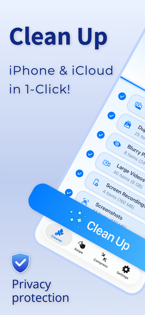 Cleaner AI: Clean Up Storage - Interfaz de la aplicación móvil Cleaner AI mostrando un botón de un clic para limpiar el almacenamiento del iPhone y iCloud con protección de privacidad