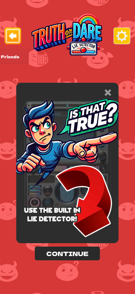 Lie Detector Test - Truth Dare - Tela de recursos do aplicativo Teste do Detector de Mentiras Verdade ou Desafio com um personagem de desenho animado apontando e uma seta direcionando os usuários para o scanner