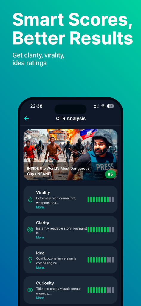 Viralth : Ai Thumbnail Maker - Interfaz de la aplicación Viralth mostrando análisis de CTR y puntuaciones inteligentes para una miniatura de YouTube, incluyendo calificaciones de viralidad y claridad.