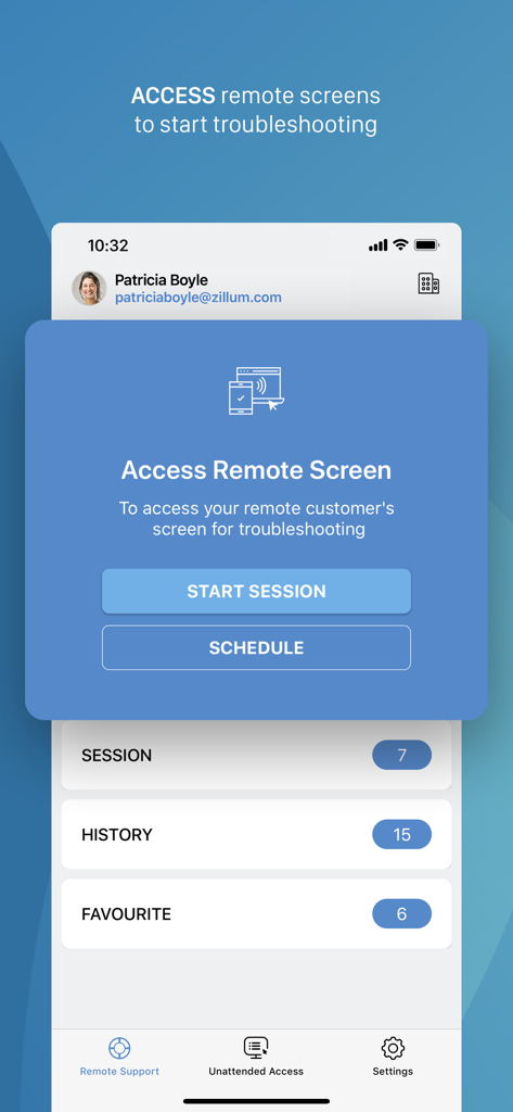 Zoho Assist 앱 인터페이스에 원격 문제 해결을 위한 세션 시작 및 예약 옵션 표시