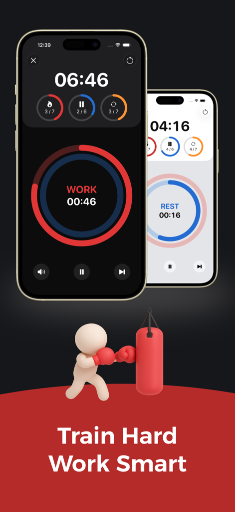 Boxing Timer: Boxio - Boxing Timer Boxio interface displaying work and rest intervals for training