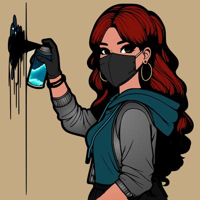 realistic girl with mask spray painting a wall