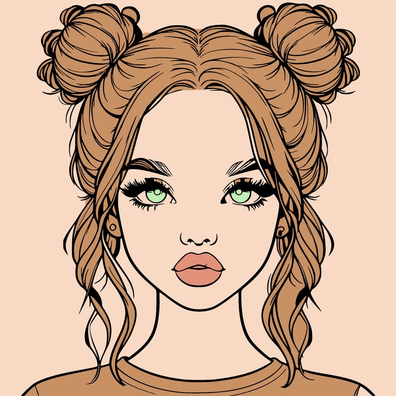 realistic girl with two buns in hair and lips