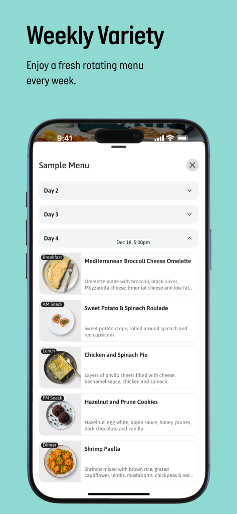 Kcal Meal Plans - Interfaccia dell'app Kcal Meal Plans che mostra un menu giornaliero di esempio con una varietà rotante di pasti salutari