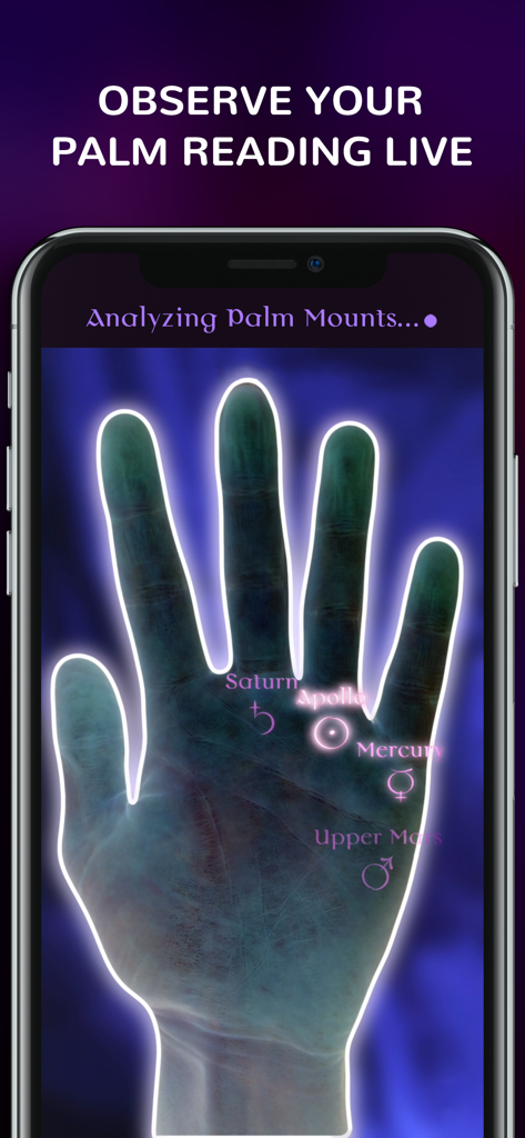 Palmist - AR Palm Reader - Augmented reality interface of Palmist app analyzing palm mounts on a human hand.