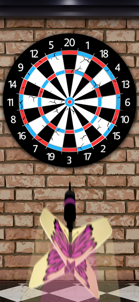 Darts Club - Dart Board Game - Un dardo con patrón de mariposa apuntado a una diana 3D en una pared de ladrillos