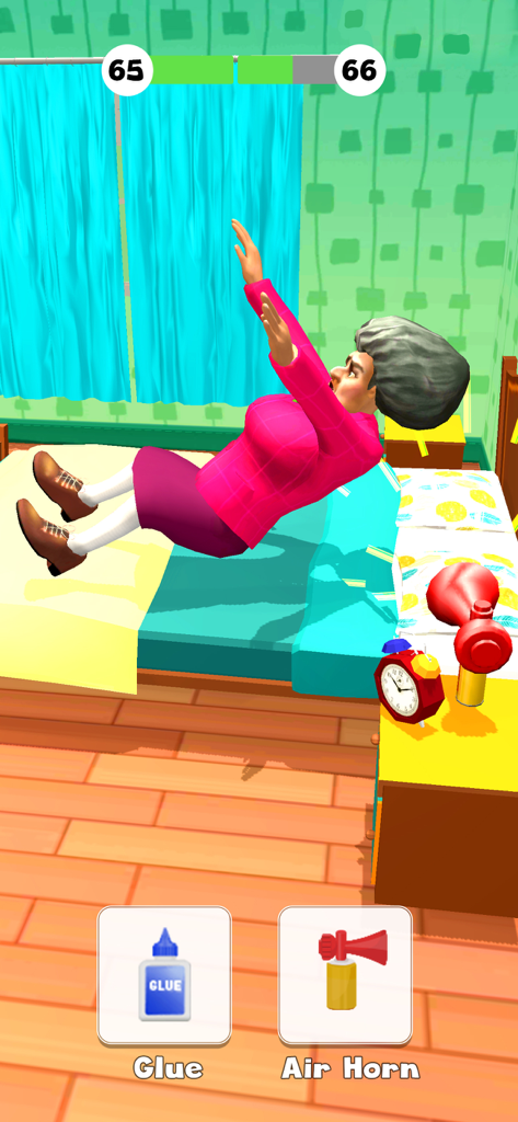 The Prankster 3D - Gameplay screen of The Prankster 3D showing a choice between glue and an air horn to prank a teacher.