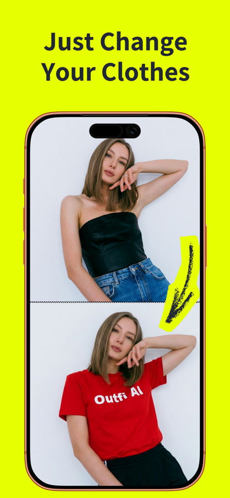 AI Clothes Changer: Outfi AI - Outfi AI 앱을 사용하여 검은색 상의에서 빨간색 티셔츠로 의상을 변경하는 여성의 이전 및 이후 비교