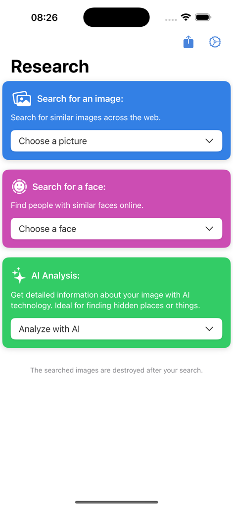 画像検索AIアプリのインターフェース。画像検索、顔検索、AI分析のオプションが表示されています。