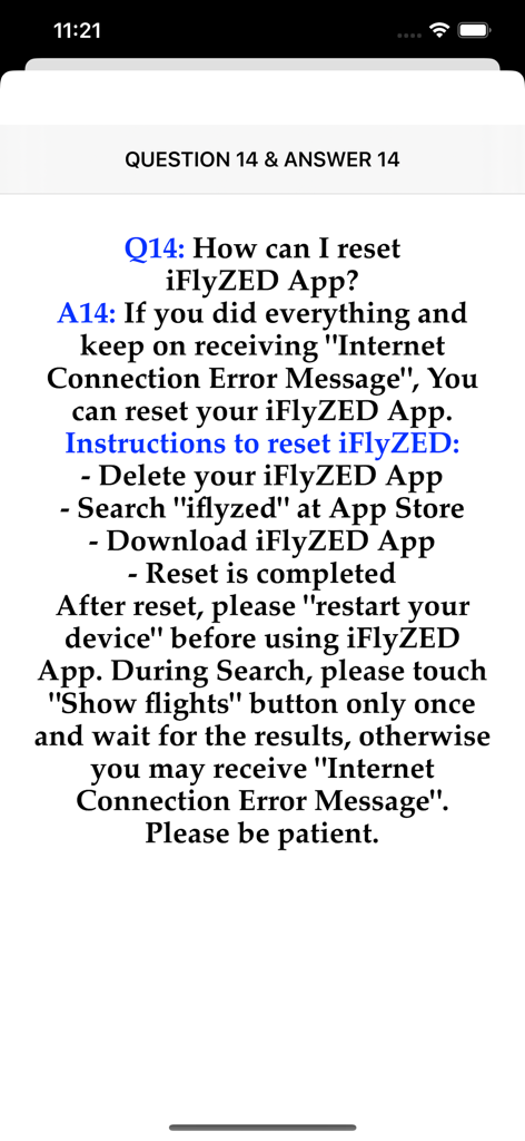 Anweisungen zum Zurücksetzen der iFlyZED-App zur Fehlerbehebung bei Verbindungsproblemen.