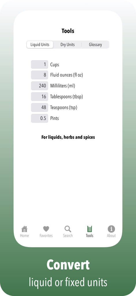 Arabian Flavors app cooking unit converter tool showing conversions for liquid measurements including cups and milliliters.