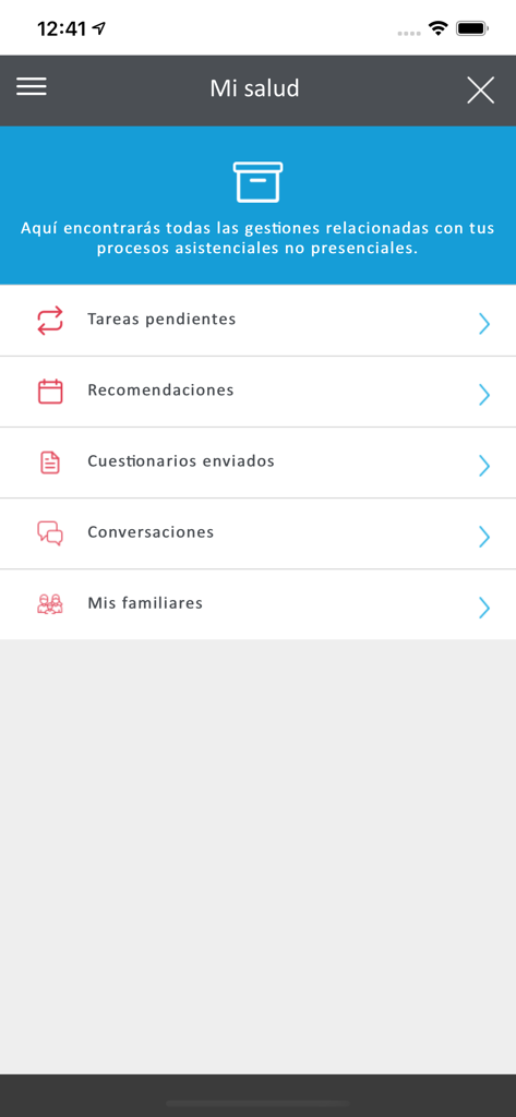 H.U Rey Juan Carlos - Patient portal interface for the H.U. Rey Juan Carlos app showing the My Health menu with options for pending tasks, recommendations, and family health management.