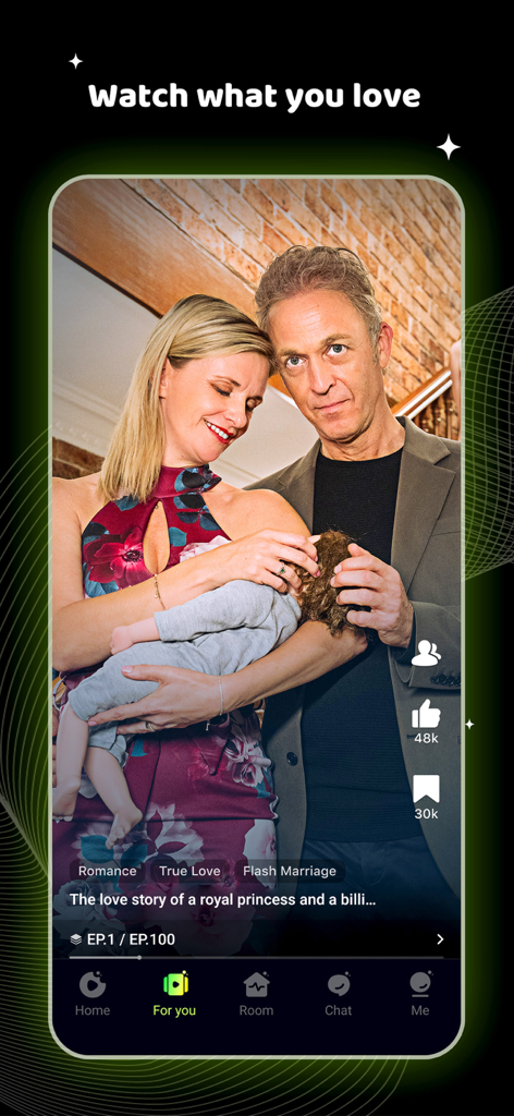 DramaBite-Short Dramas & TV - DramaBite app interface showing a short romance drama scene with a couple holding a baby.