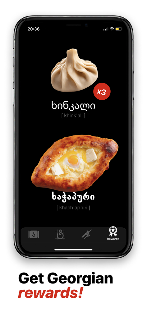 Letters.ge app screen showing Georgian food rewards with khinkali and khachapuri