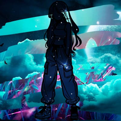 girl in baggy pants crop top and long hair