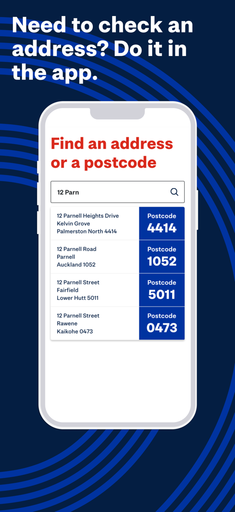 A screenshot of the NZ Post app showing the address and postcode lookup feature with search results for a partial address.