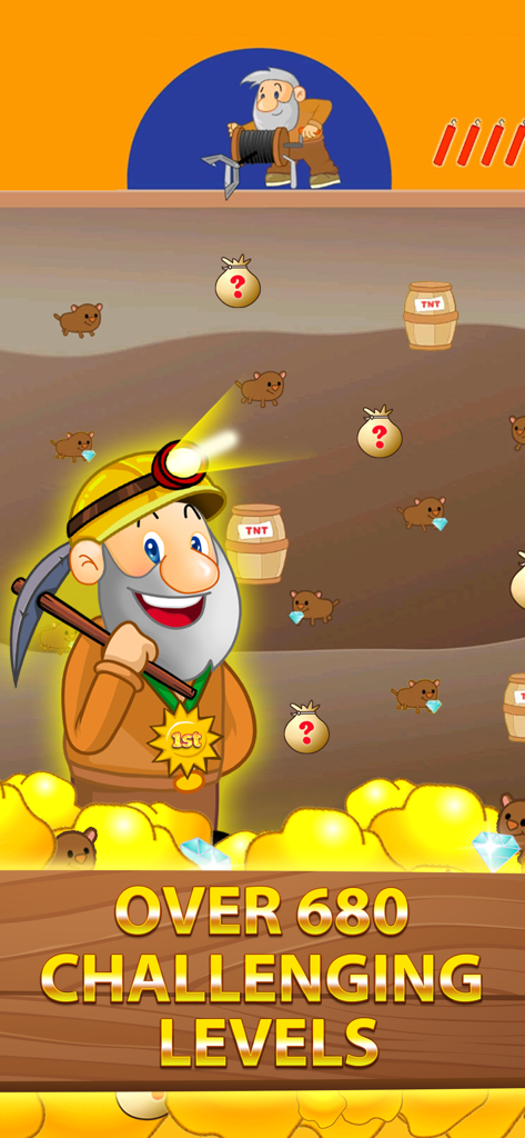 Comic-Minenarbeiterfigur vor einer unterirdischen Bergbauszene mit dem Text über 680 herausfordernde Level.