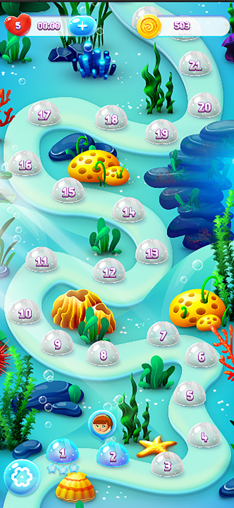 Bubble Pop! Sea Booble Shooter - Level selection map in the underwater sea bubble shooter game showing numbered stages and ocean scenery