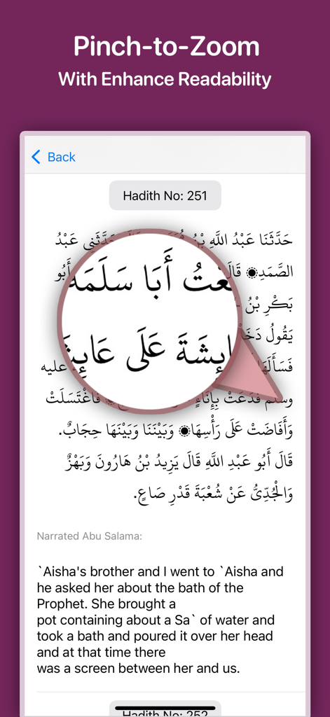 Sahih Bukhari By Imam Bukhari - Sahih Bukhari app interface showing the pinch to zoom feature for enhanced readability of Arabic and English Hadith text