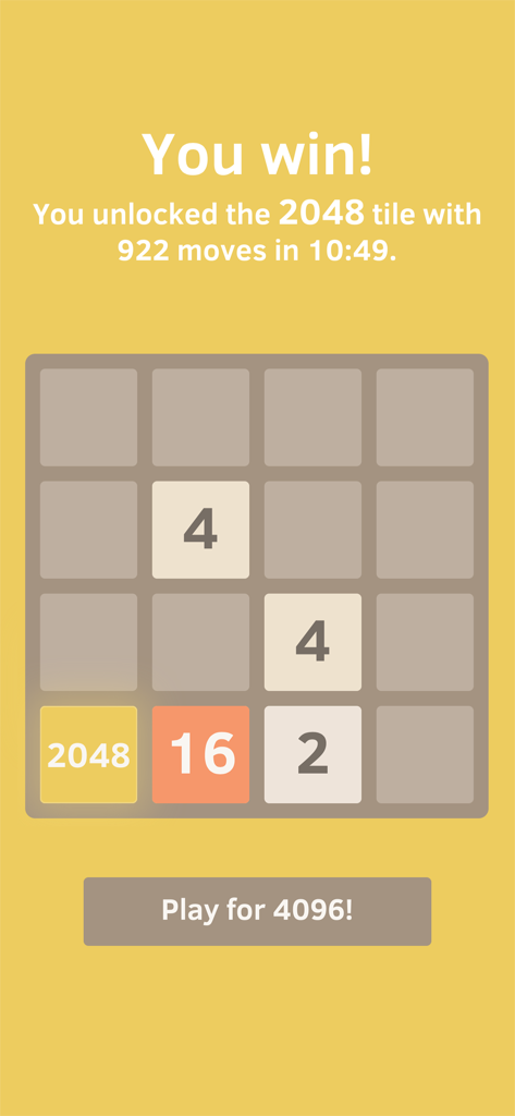 Victory screen in the official 2048 game showing the 2048 tile unlocked