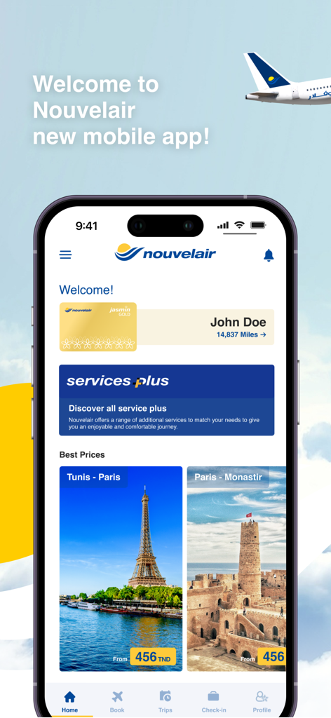 Nouvelair - Screenshot della home page dell'app mobile Nouvelair che mostra offerte di voli per Parigi e Tunisi insieme alla dashboard dei membri fedeltà Jasmin.