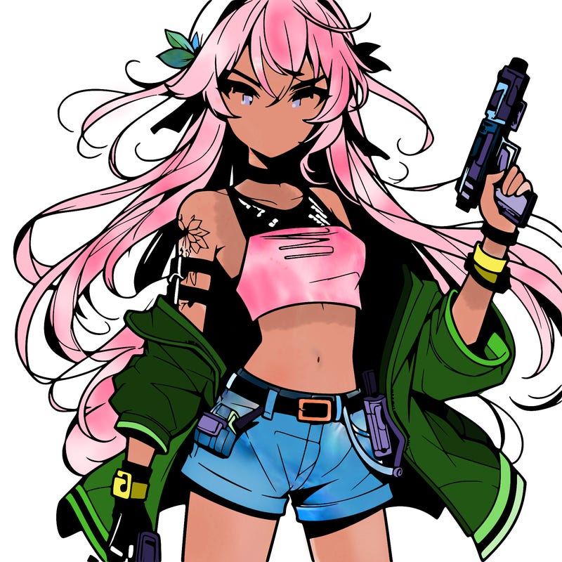 bad girl wearing crop top holding a gun long hair anime