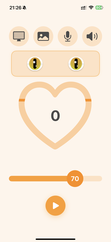 Main interface of Angel AIWA app showing a heart-shaped noise level display and a decibel threshold slider set to 70.