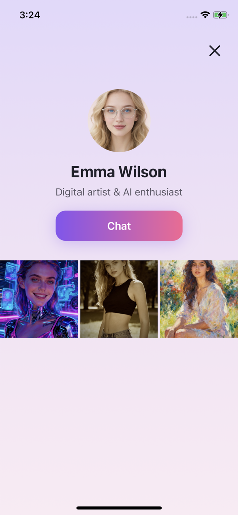 Página de perfil de usuário no aplicativo Myna AI art community mostrando galeria de arte e botão de chat