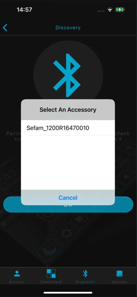 Sefam Access Lite app interface showing Bluetooth device discovery and accessory selection popup
