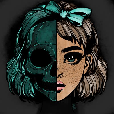 realistic girl with half skull mask