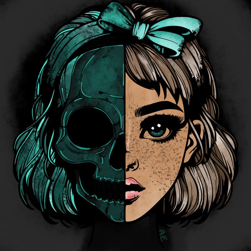 realistic girl with half skull mask