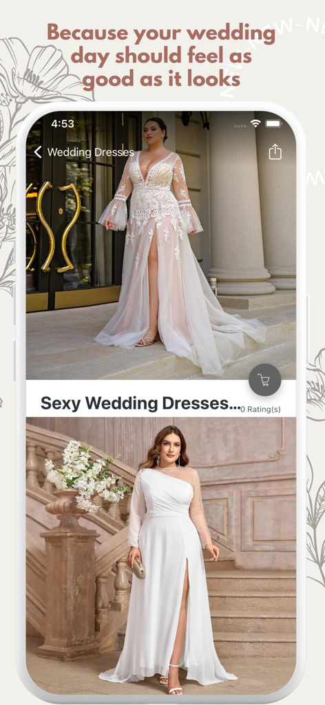 Plus Size Wedding Dress Shop - Zwei kurvige Models tragen weiße Brautkleider in der App-Oberfläche