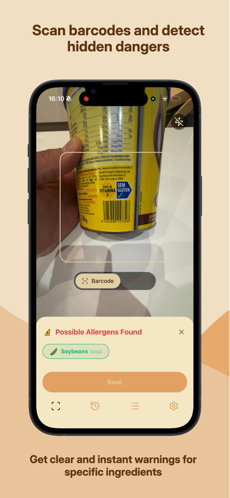 Alergio app scanning a food product barcode and detecting soybeans as a hidden allergen