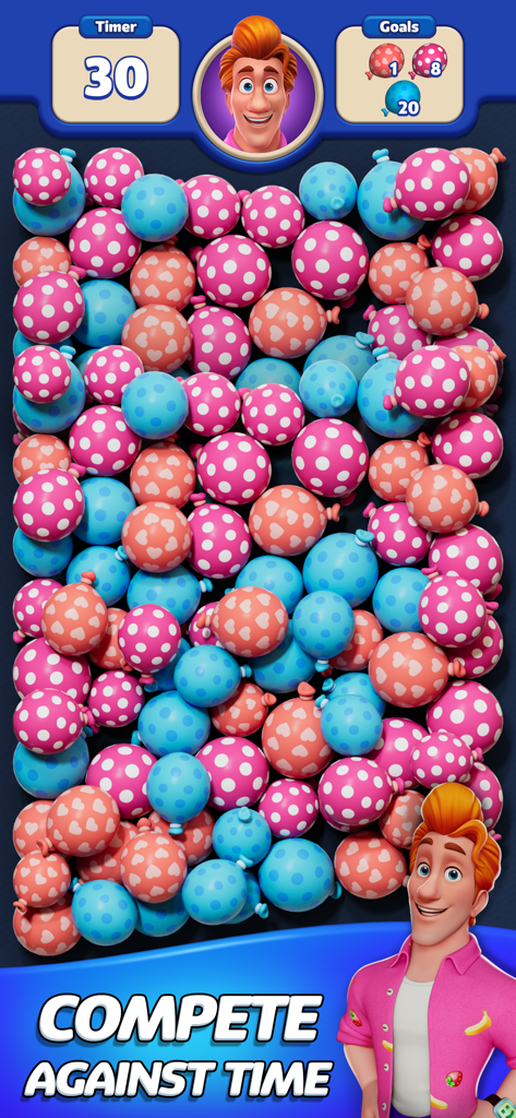Blitz Busters - Gameplay screen of Blitz Busters showing a match 3D puzzle with colorful patterned balloons and a 30 second timer