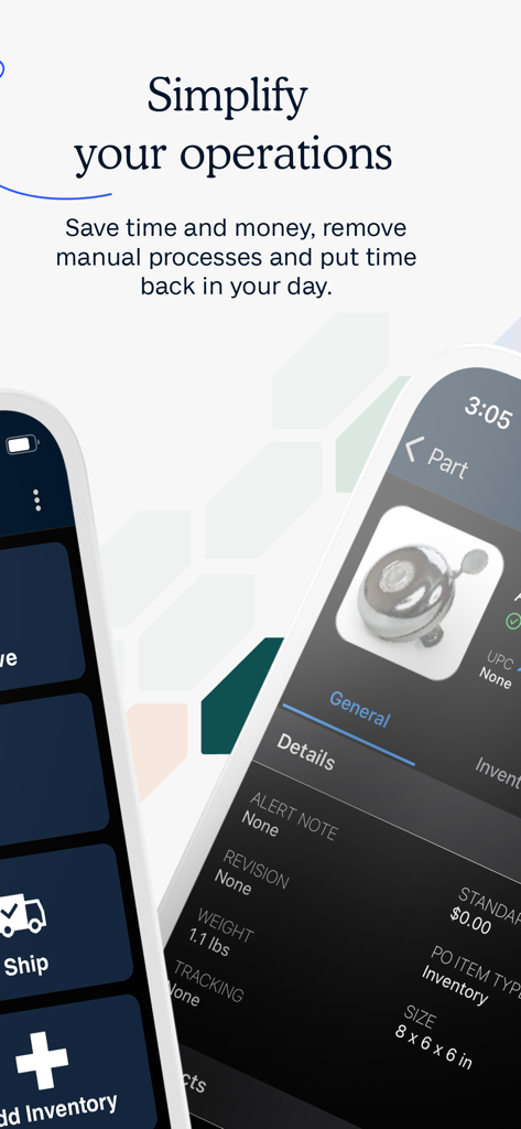 Fishbowl Advanced mobile app interface showing part details and inventory management tools for operations professionals