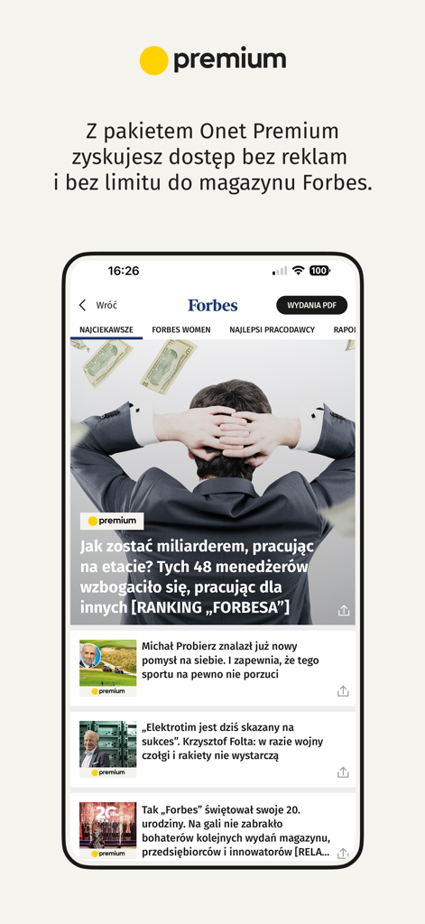 Onet - wiadomości - Onet Premium app interface showing Forbes magazine articles in Polish