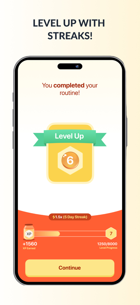 Stretch Reminder AI & Pilates - A level up screen in the Stretch Reminder app showing a five day streak and XP progress.
