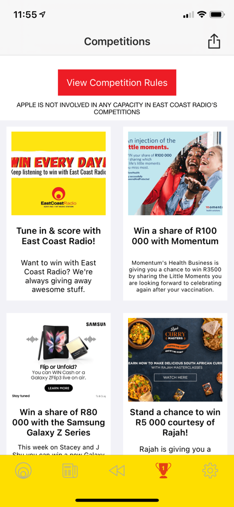 East Coast Radio - Competitions and giveaways page on the East Coast Radio mobile app showing various prize opportunities