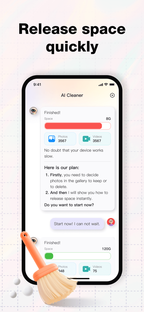 Mobile app interface of AI Cleaner showing a conversational chatbot assisting a user with storage optimization and photo cleanup.
