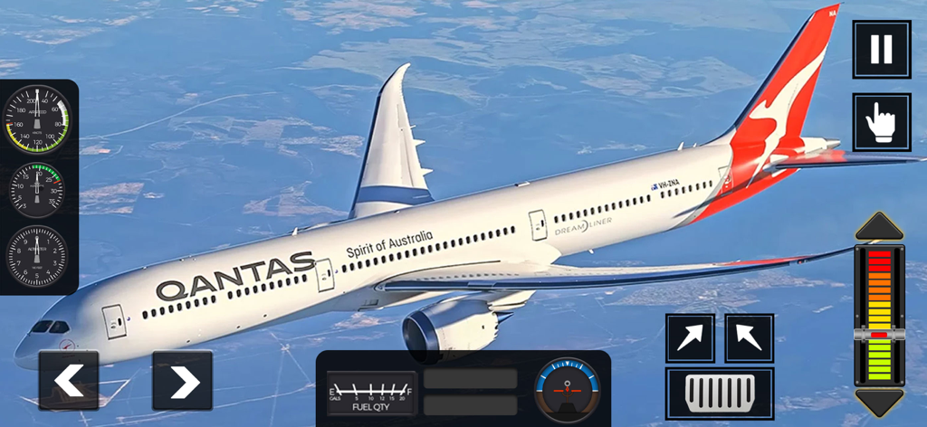 Flight Pro Plane Simulator 3d - Un avión Dreamliner de Qantas volando en el cielo con la interfaz de control de vuelo en Flight Pro Plane Simulator 3d