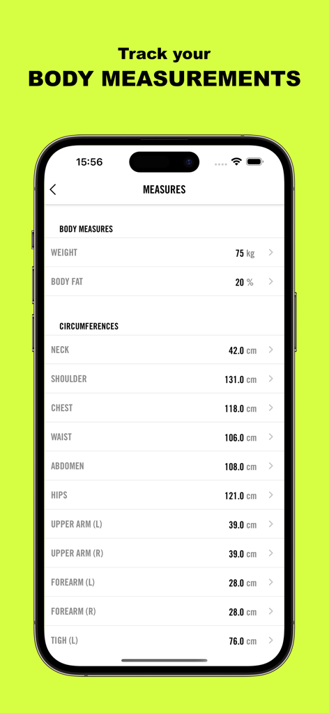 Interfaz para el seguimiento de medidas corporales y circunferencias en la aplicación Gym Life
