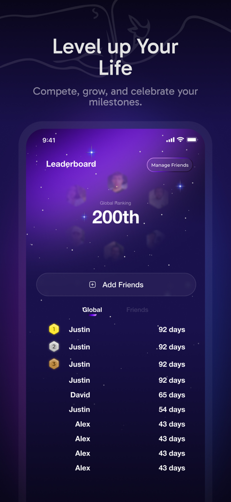 Overcomer - Quit Porn Now - A screenshot of the Overcomer app leaderboard showing user rankings and their respective day streaks for recovery.