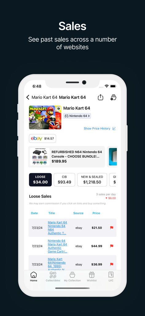 PriceCharting: TCG, Games+ - PriceCharting app displaying historical sales and price estimates for Mario Kart 64 on Nintendo 64