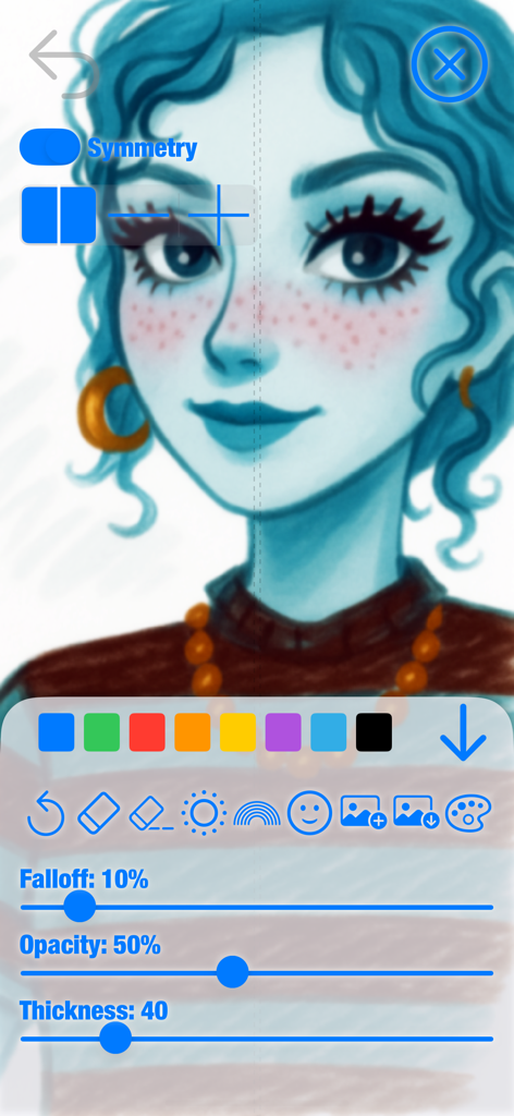 Symmetry Painter - Interfaz de la aplicación Symmetry Painter que muestra un dibujo de retrato con herramientas de simetría vertical activas y configuraciones de pincel.