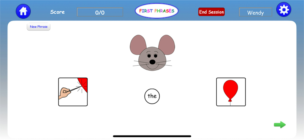 First Phrases HD - Interface of First Phrases HD app showing a phrase building activity with a mouse character and icons for forming sentences.